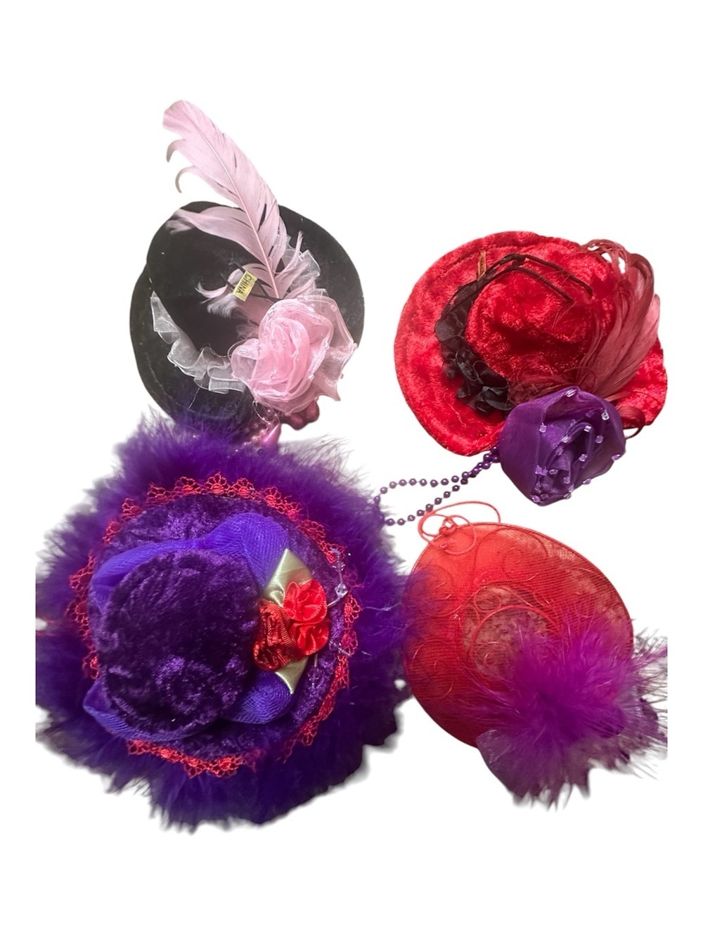 Vintage-Inspired Purple and Red Feathered Pillbox Hat Set - Hanging Decorations